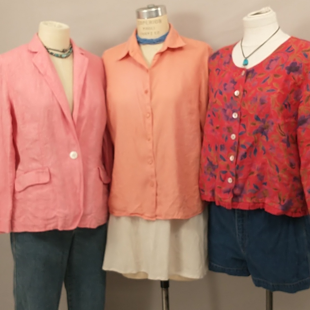 3 Lg 100% Linen Quality Top Pink Salmon Coral Bright Colorful Jacket Shirt Layer